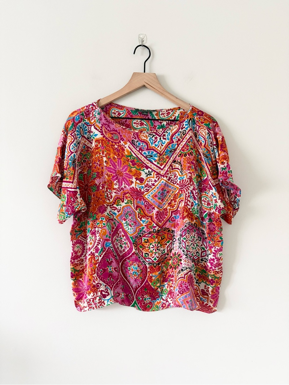 Lauren Ralph Lauren Pink Floral Patchwork Silk Short Sleeve Top Size L